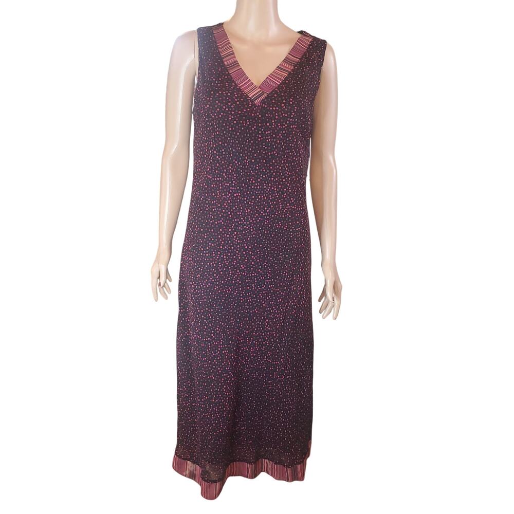 J Jill Sleeveless Midi Dress Size 10 Black Pink Purple  Polka Dot V Neck Casual